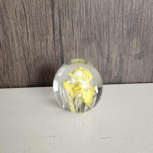 Art Glass Hand Blown Floral Yellow Daffodil Bubble Paperweight Round